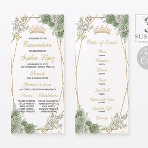 EDITABLE Program Template, Quinceañera, Sage Green Flowers, Butterfly, Order of service, Wedding, Sweet 16, Printable Instant Download QU181