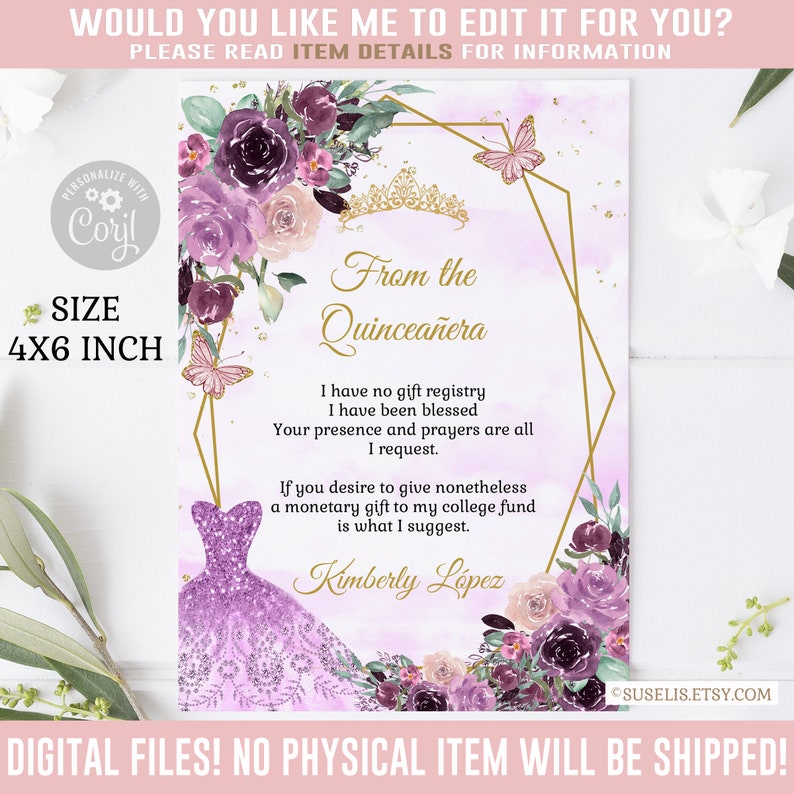 Editable Registry Card, Purple Floral, Gift Registry, Butterfly, Mis Quince Anos, 15th Birthday, Corjl Template, Instant Download, QU054D image 2