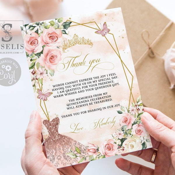 Editable Thank you Card Template, Blush Pink Flowers, Butterfly, Quinceañera, Sweet Sixteen, Printable, Instant Download, QU054B