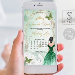 Editable Save the Date Template Calendar, Emerald Flowers, Text Invite, Quinceañera, Sweet 16, Evite, SMS Email, Instant download, QU069E