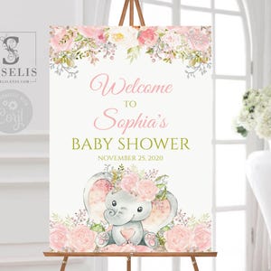 EDITABLE Baby Shower Welcome Sign, Girl Elephant Theme, Instant Download Signage, Watercolor Flowers, Jungle, Corjl Template, DIGITAL, BS108 afbeelding 1