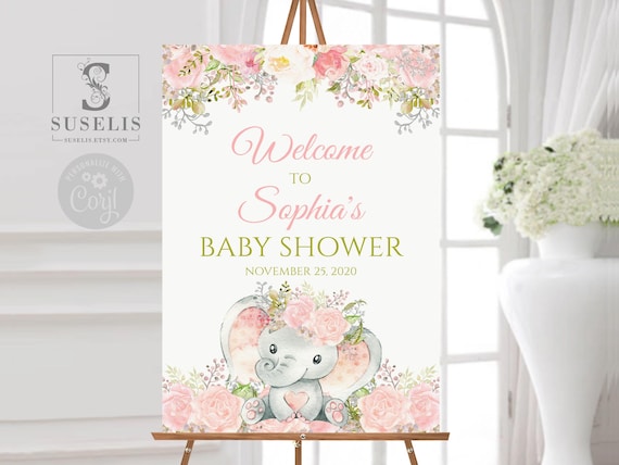 EDITABLE Baby Shower Welcome Sign, Girl Elephant Theme, Instant Download Signage, Watercolor Flowers, Jungle, Corjl Template, DIGITAL, BS108