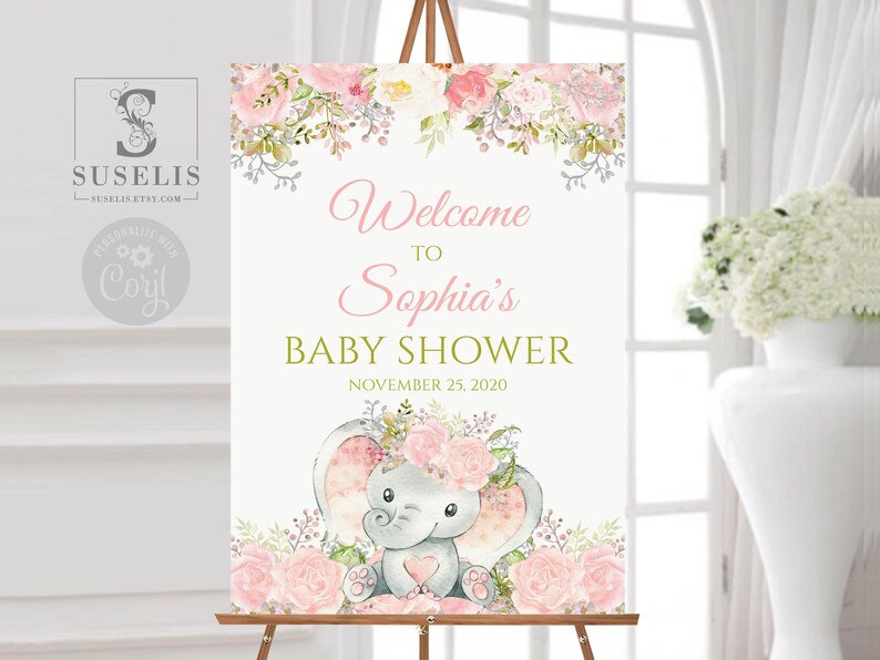EDITABLE Baby Shower Welcome Sign, Girl Elephant Theme, Instant Download Signage, Watercolor Flowers, Jungle, Corjl Template, DIGITAL, BS108 afbeelding 1
