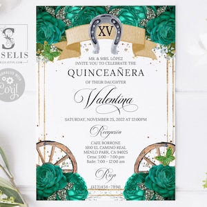 EDITABLE Western Quinceanera Invitation Template, Green Emerald Roses, Butterfly, Mis Quince, Sweet 16, Printable, Instant Download QU081