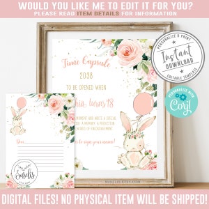 EDITABLE Bunny Time Capsule Sign and Card, Corjl Template, Instant Download, First Birthday Capsule, Printable, Digital files, 10-148