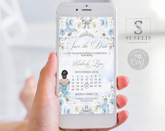 Digital Save the Date Template, Quinceanera Baby Blue Flowers QU084H