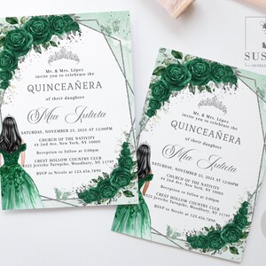 EDITABLE Quinceanera Invitation & Back Template, Emerald Green Flowers, Butterfly, Sweet 16, 15th Birthday, Printable Instant Download QU197