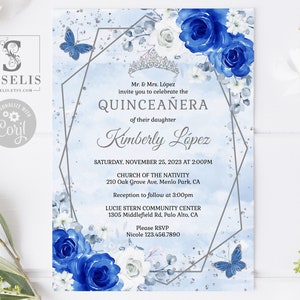EDITABLE Quinceanera Invitation and Back Template, Royal Blue Flowers, Silver, Butterfly, Sweet Sixteen, Mis Quince Instant Download, QU054C