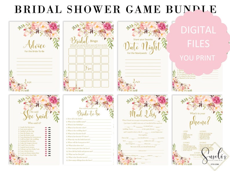 Printable Bridal Shower Game Bundle Pack Set of 8 Bridal Etsy