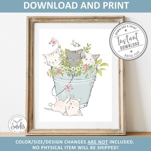 Utskrivbart katttryck, djurskylt för barnkammaren, akvarell kattungar blommor, flickrumsaffisch, lekrumskonst, present till barn, omedelbar nedladdning, digitalt