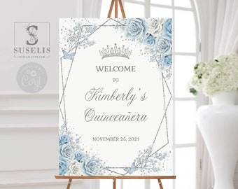 EDITABLE Welcome Sign Template, Baby Blue Flowers, Quinceañera, Wedding, Birthday, Sweet 16, Signage, Mis Quince Anos Instant Download QU181