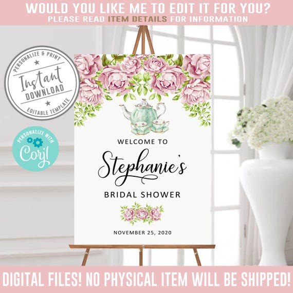 Editable Welcome Bridal Shower sign, Tea Party Theme, Corjl Template, Signage, Blush Pink Watercolor Flowers, Instant Download, DIGITAL WS61