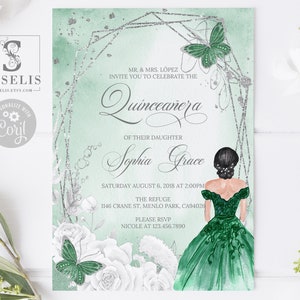 EDITABLE Quinceanera Invitation & Back Template, Emerald Green, Butterfly, Mis Quince, Sweet 16, Printable, Instant Download, QU069
