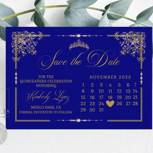 Editable Calendar Save the Date Card Template, Royal Blue, Gold Ornaments, Quinceañera, Sweet 16, Wedding, Printable Instant Download, QU202