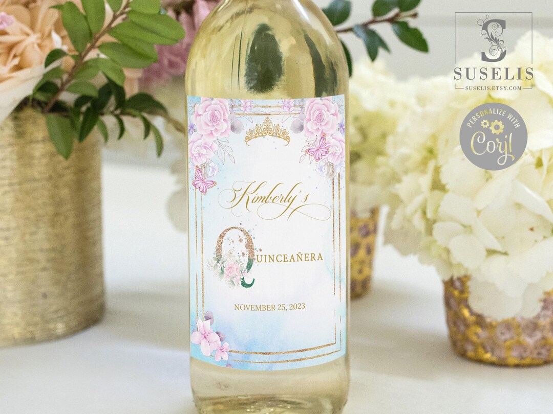 EDITABLE Wine Bottle Labels, Blush Pink Flowers, Quinceanera, Mis ...