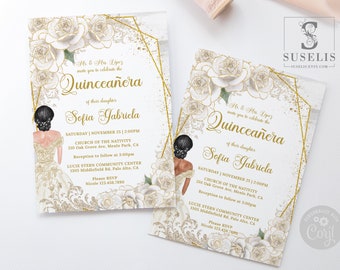 EDITABLE Quinceanera Invitation Template, Beige Champagne Flowers, Sweet Sixteen, Mis Quince, Sweet 16, Instant Download, Printable, QU169