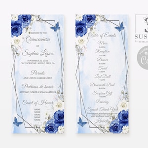 EDITABLE Program Template, Royal Blue Flowers, Butterfly, Quinceañera, 15th Birthday, Sweet 16, Printable, Instant Download, QU054C