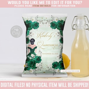 EDITABLE Quinceañera Chip Bag, Emerald Green Butterfly Bag, Mis Quince, 15th Birthday, Party Favors, Corjl Template Instant Download, QU084F