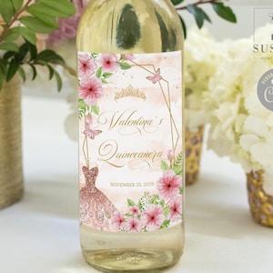 EDITABLE Quinceañera Wine Bottle Labels Template, Cherry Blossoms, Butterfly, Sweet 16, Favor labels, Instant Download, Digital, QU054
