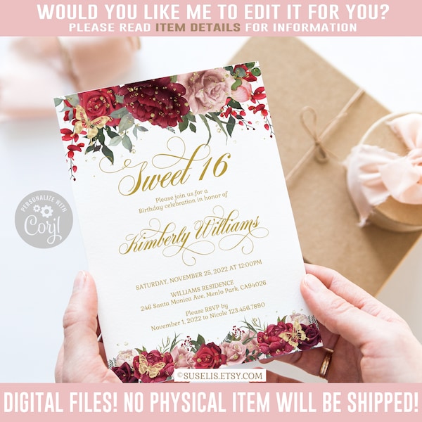 EDITABLE Sweet Sixteen Invitation, Burgundy Pink Floral, Gold Butterflies, Sweet 16, 16th Birthday Corjl Template, Instant Download, SW16033