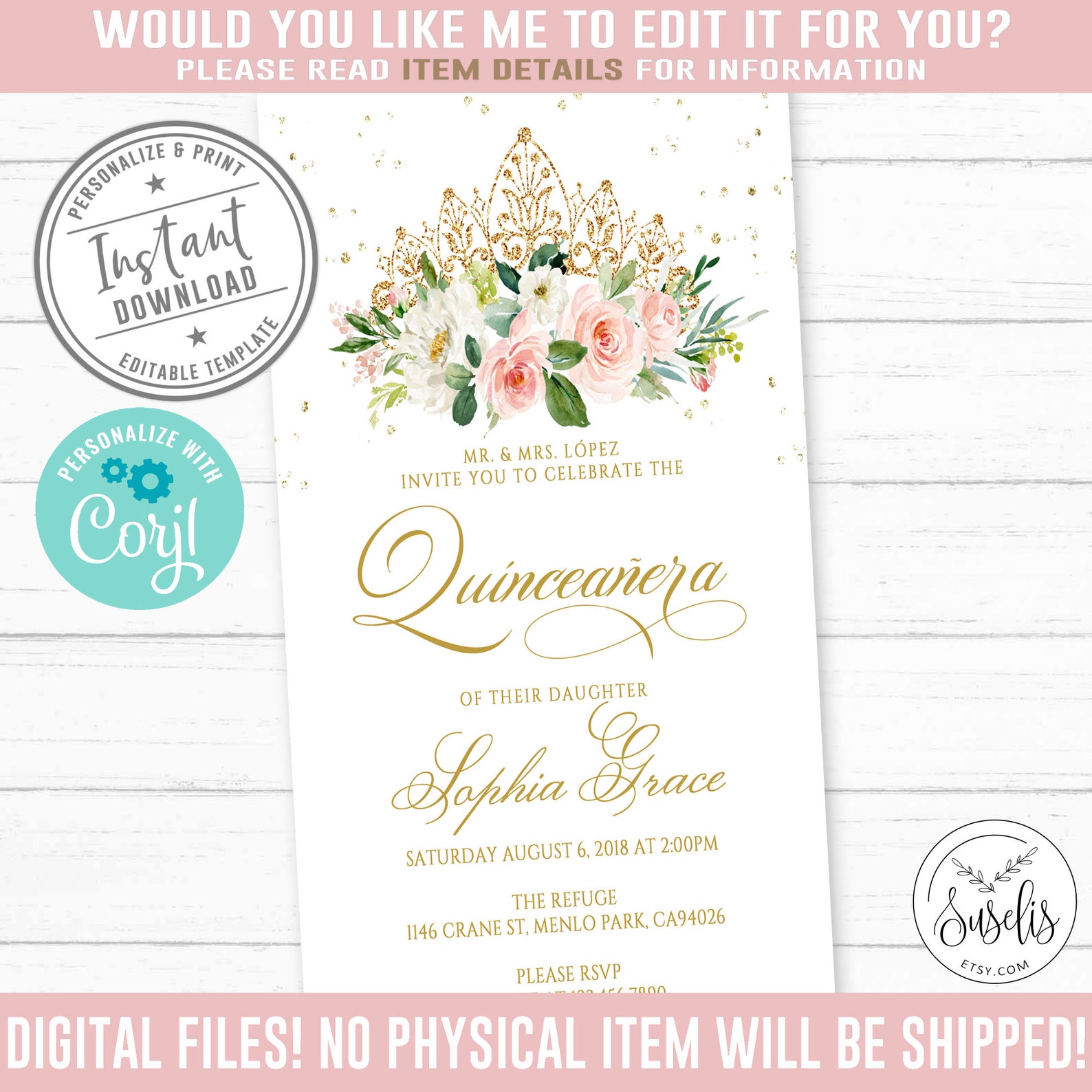 EDITABLE Electronic Quinceanera Invitation Evite Corjl Etsy