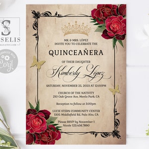 EDITABLE Quinceanera Invitation & Back Template, Vintage Red Roses Flowers, Mis Quince, Sweet Sixteen, Printable, Instant Download, QU182