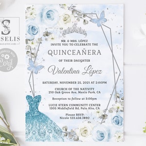 EDITABLE Quinceanera Invitation & Back Template, Baby Blue Flowers, Butterfly, Sweet 16, Mis Quince, Sweet Sixteen, Instant Download, QU054A