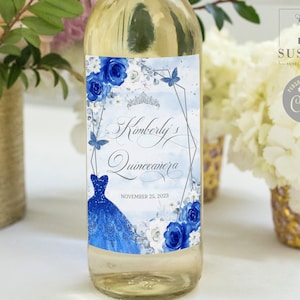 EDITABLE Quinceañera Wine Bottle Labels, Template, Royal Blue Flowers, Butterfly, Sweet Sixteen, Instant Download, Printable, QU054C