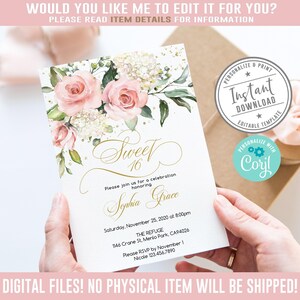 Editable Sweet 16 Invitation, Pink Floral, Digital Download SW16008