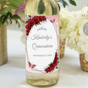 Editable Quinceañera Wine Label, Silver Red Roses Butterfly QU197