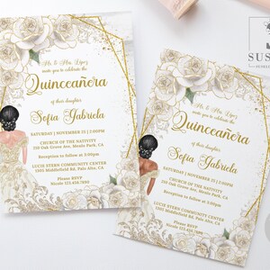 EDITABLE Quinceanera Invitation Template, Beige Champagne Flowers, Sweet Sixteen, Mis Quince, Sweet 16, Instant Download, Printable, QU169