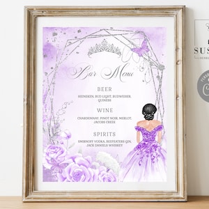 EDITABLE Quinceanera Bar Menu Sign Template, Drinks, Purple Flowers, Butterfly, Sweet 16, 15th Birthday, Printable, Instant Download, QU069