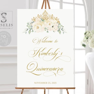 EDITABLE Quinceañera Welcome Sign Template, White Flowers, Sweet 16, Poster, Signage, Mis Quince Anos, Sweet Sixteen, Instant Download QU021