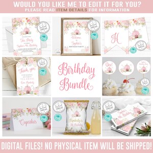 EDITABLE Tea Party Birthday Party Bundle, Corjl Template, Tea Party Theme, Blush Flower, Decorations Pack, Party decor DIGITAL FILES, 10-107