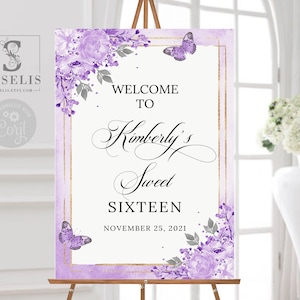 EDITABLE Template Sweet 16 Welcome Sign, Purple Flowers, Any Event, Sweet Sixteen Signage, Printable, Instant download, SU010