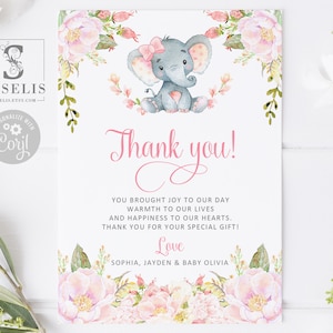 Editable Thank you Card, Baby Girl Elephant, Blush Pink Flowers, Baby Shower, Diy, Instant Download Printable Birthday Corjl Template, BS053