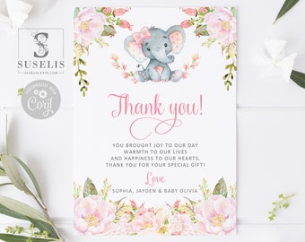 Editable Thank you Card, Baby Girl Elephant, Blush Pink Flowers, Baby Shower, Diy, Instant Download Printable Birthday Corjl Template, BS053