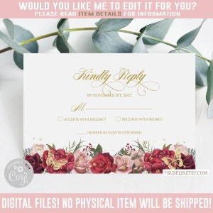 Editable RSVP Card, Kindly Reply, Burgundy Marsala Flowers, Butterfly, Mis Quince 15th 16th Birthday, Corjl Template, Instant Download QU114