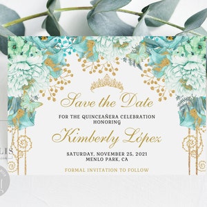 Editable Save the Date Card Template, Gold Mint Floral, Quinceañera, Sweet 16, Mis Quince, 15th Birthday, Printable, Instant Download, QU123
