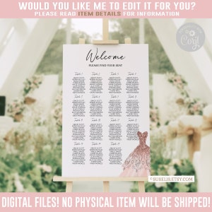 EDITABLE Template Seating Chart, Table Plan, Blush Pink Dress, Quinceañera Dress, Sweet Sixteen, Sweet 16, Instant download, Printable QU007