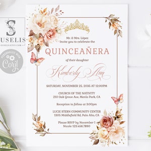 EDITABLE Quinceanera Invitation Template, Blush Beige Champagne Flowers, Butterfly, Mis Quince, Sweet 16, Printable, Instant Download, QU215