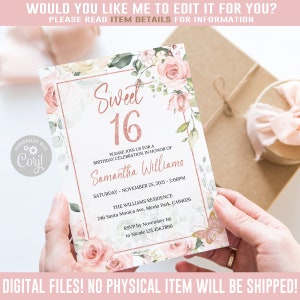 EDITABLE Sweet 16 Invitation, Rose Gold, Blush Pink Theme, Sweet Sixteens, 16th Birthday, Instant Download, DIGITAL Corjl Template, SU023