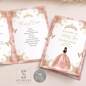 Pode incluir: Um convite rosa e dourado para Quinceañera com uma ilustração de princesa. O convite apresenta texto dourado, detalhes de borboletas e uma lista de eventos. O texto diz "Welcome to Kimberly Lopez" e "11.25.20XX".