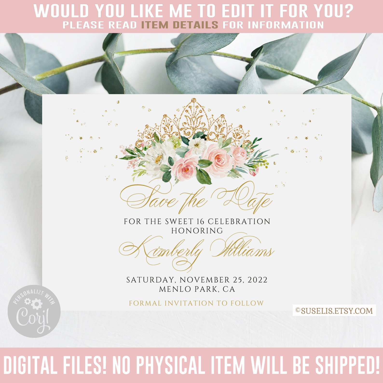 Editable Save the Date Card Blush Pink Gold Floral - Etsy