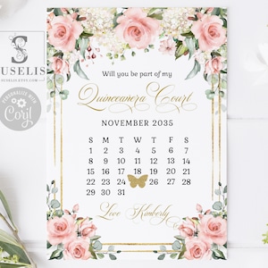 EDITABLE TEMPLATE Quinceanera Court Proposal, Blush Pink Flowers, Mis Quince, Sweet 16, 15th 16th Birthday, Printable Instant Download SU029