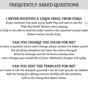 May include: Frequently Asked Questions about digital downloads.  Text includes information about receiving login emails, changing colors, and editing templates.