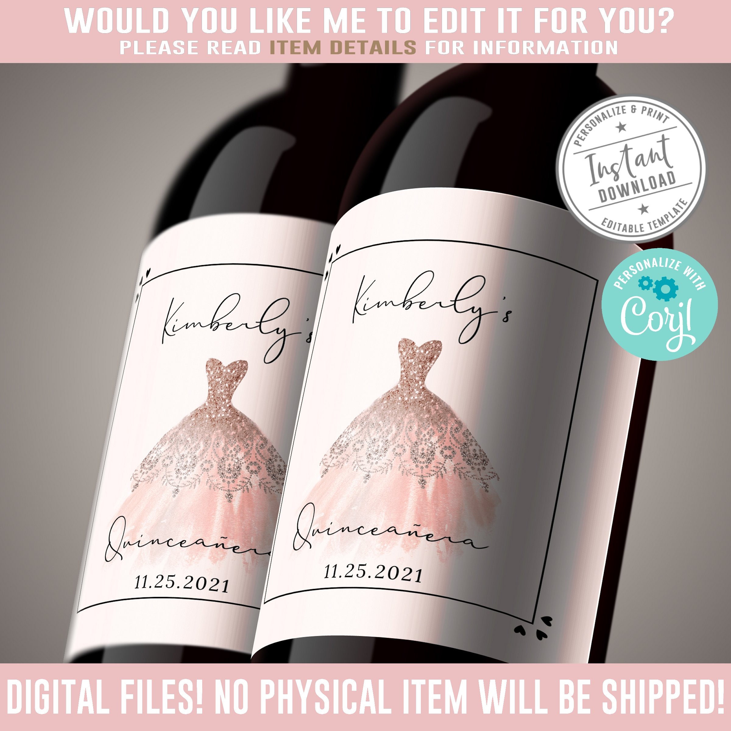 EDITABLE Quinceanera Wine Bottle Labels Corjl Template Blush Etsy