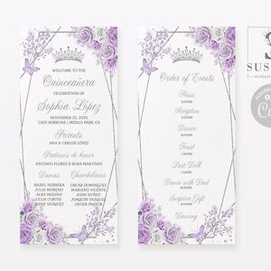 EDITABLE Program Template, Quinceañera, Lavender Flowers, Butterfly, Order of service, Ceremony, Wedding, Sweet 16, Printable Instant QU181
