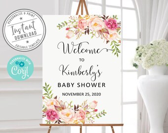 EDITABLE Rose Gold Baby Shower Welcome Sign, Corjl Template, Instant Download, Printable Signage, Boho Watercolor Flowers, DIGITAL, BS200