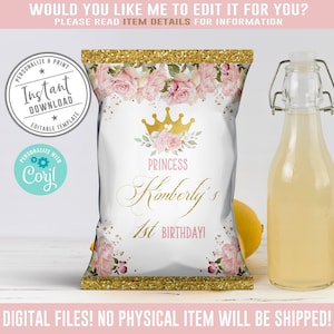 EDITABLE Princess Birthday Chip Bag, Corjl Template, Blush Watercolor Flowers Bag, Instant Download, Princess Favors, Digital file, 10-093